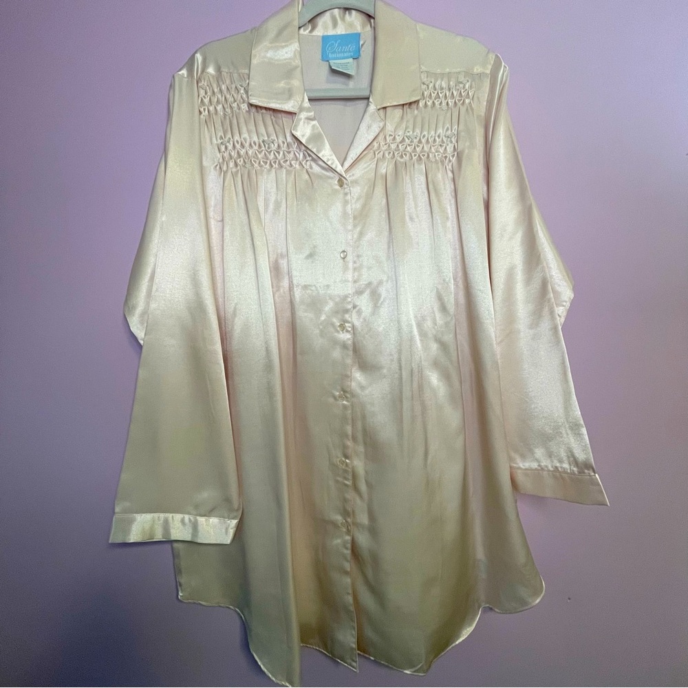 Vintage Sante Shirt Dress Nightgown Pink Satin Long Sleeve Button Collar M